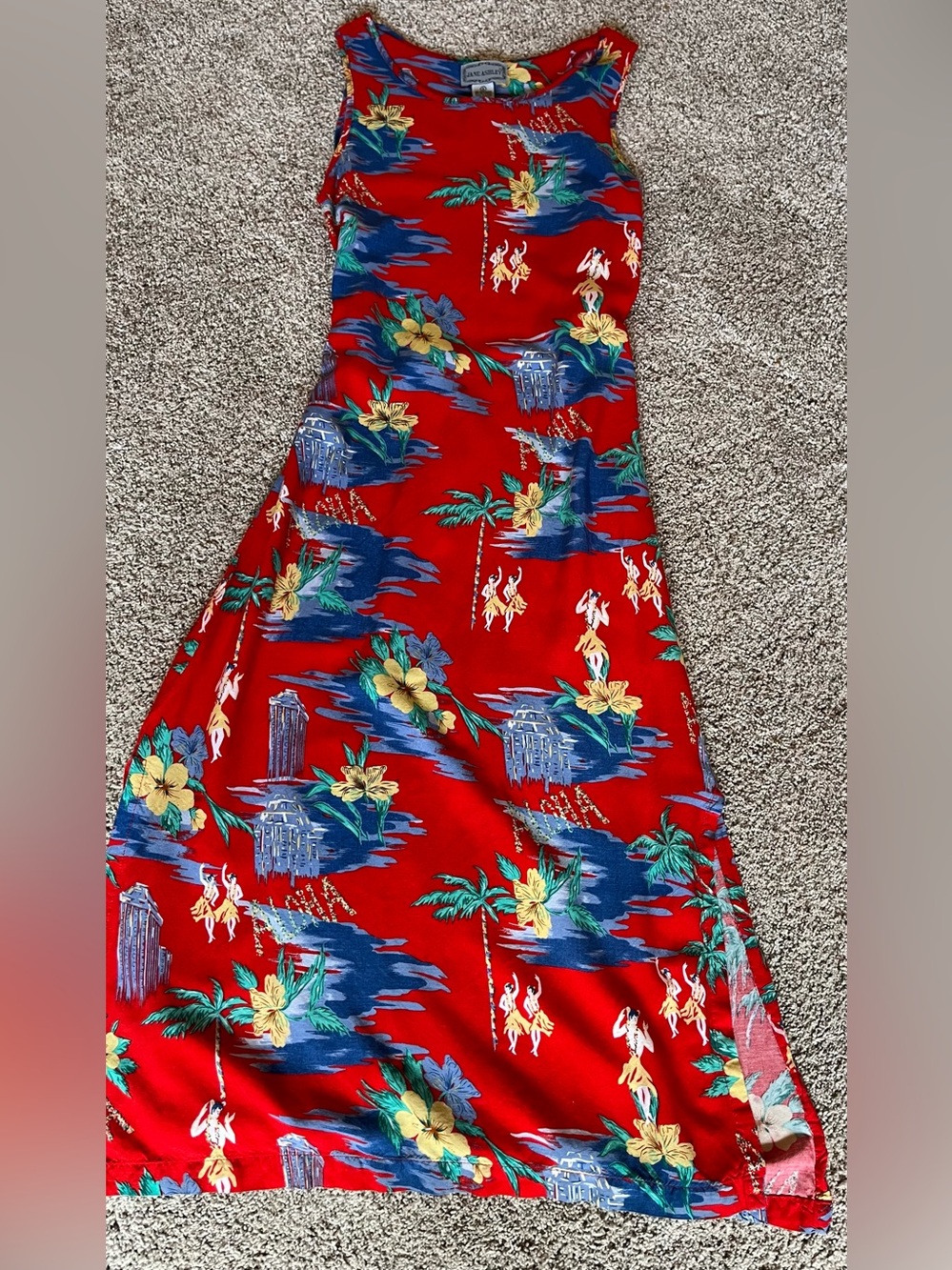 Jane Ashley Vintage 1980s Red Tropical Print Dress with Blue Accents